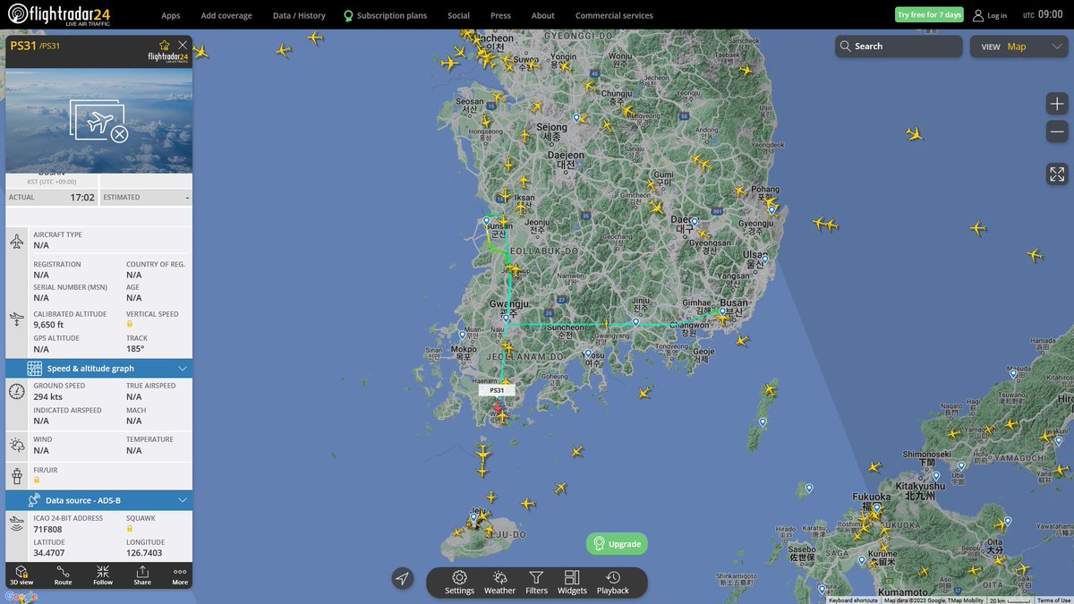 AIYeyENGDdJkjTr's tweet photo. Jan. 16, 2023
#Gimhae Air Base #Gunsan Air Base #Yellow Sea
#PS31 #71F808 ROKAF Unknow Aircraft https://t.co/0dqx0hO6Oa