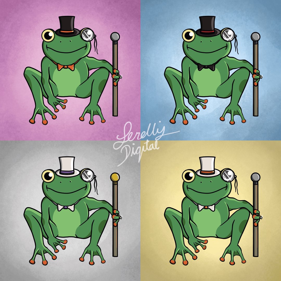 SerellisDigital's tweet photo. 🐸 Good morning all. Our new Horacio collection 🎩 will be dropping as all new mints on OpenSea this Saturday! Keep your eye out for your favourite colour combo, only one of each available 👀 

Link to our shop in bio. 

#NFTs #NFT #NFTartists #cryptoart #NFTCommunity #Ethereum https://t.co/HJLtvX9GJz