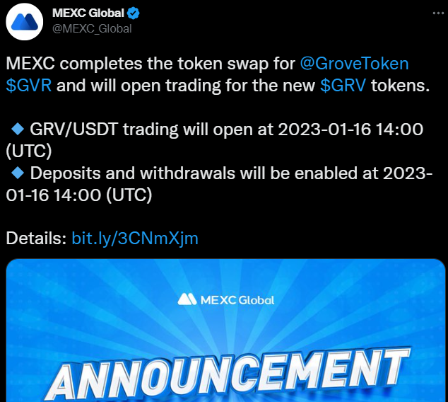 GroveCoinG's tweet photo. @MEXC_Global Announced they will list Grove today! 
Today 14:00 (UTC) or 15:00 (CET) 
#GroveCoin #GroveBlockchain #GroveSwap #GroveGreenArmy https://t.co/3AuRBzujwH