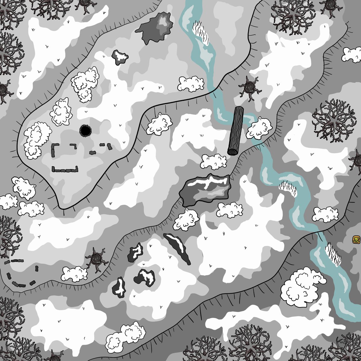 Lattecorner's tweet photo. Simple large-scale map for some frozen hilly terrain. Ideal for your TTRPG of choice! #OpenDnD #dnd #dnd5e #ttprg #map #dungeonsanddragons https://t.co/6tbeaXg7Yr