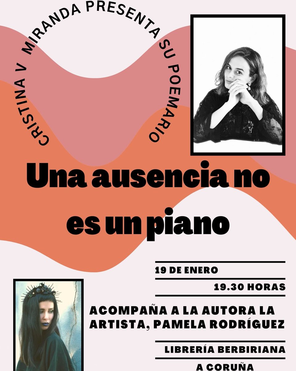 El jueves 19 a las 19:30 viene Cristina V. Miranda a presentar "Una ausencia no es un piano" (<a href="/Olelibros/">Olelibros.com</a>), su 2° poemario, y 3er. libro; un viaje retrospectivo sobre la pérdida, el daño y el reencuentro con una misma. Le acompañará la artista Pamela Rodríguez.
¡No os lo perdáis!