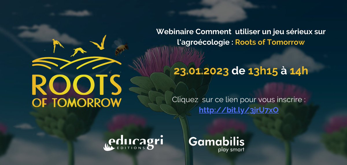 Save the date ! Lundi 23 janvier à 13h15, rejoignez-nous pour une présentation de "Roots of Tomorrow", jeu sérieux sur l'#agroécologie, conçu également pour être utilisé comme outil pédagogique, par <a href="/team_gamabilis/">Gamabilis</a> 
Inscription au #webinaire : bit.ly/3jrU7xO