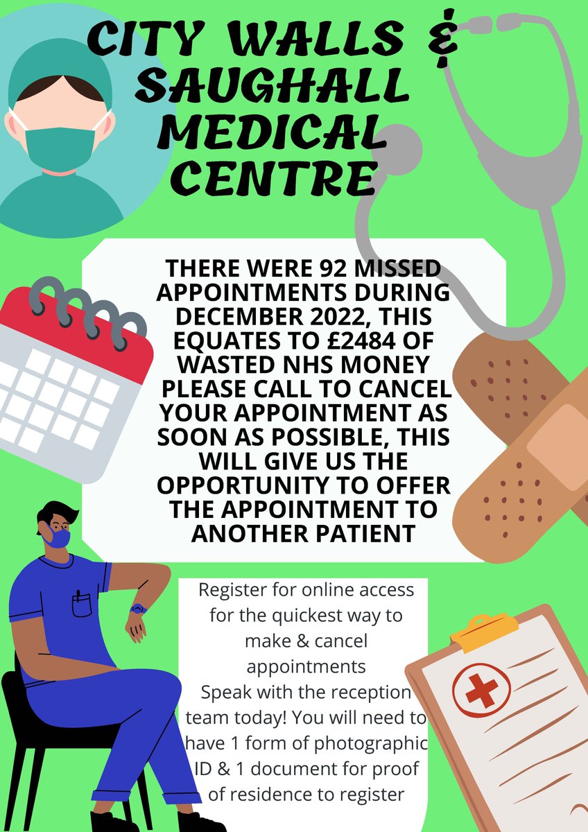 CityWallsMC's tweet photo. There were 92 missed appointments during Dec' '22, thats £2484 of wasted NHS money
Please call to cancel your appointment asap, this will give us the chance to offer the appointment to another patient
Register for online access for the quickest way to make &amp; cancel appointments https://t.co/EE6dNkqC6J