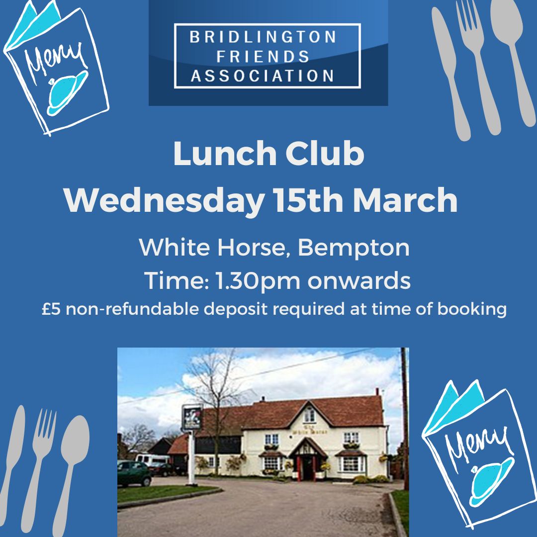 Fancy a great meal and even better company? Book for one of our ever popular lunch clubs. 
For more information (including meal options and price) please contact Diane on:
E: socialbridbfa@mail.com Tel: 07916306167
#Bridlington