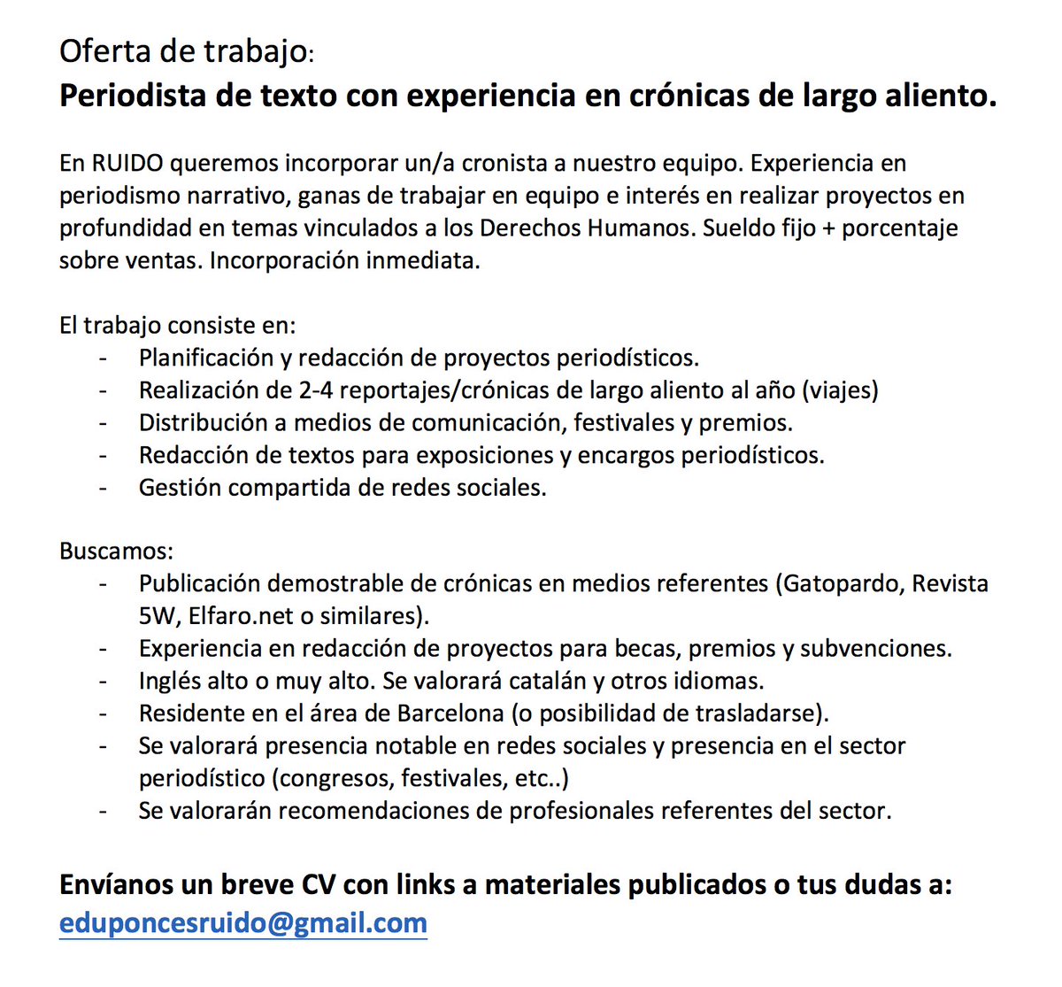 RUIDOPhoto's tweet photo. Oferta de trabajo: en RUIDO Photo buscamos un cronista con experiencia. https://t.co/VgVsS6XQG6