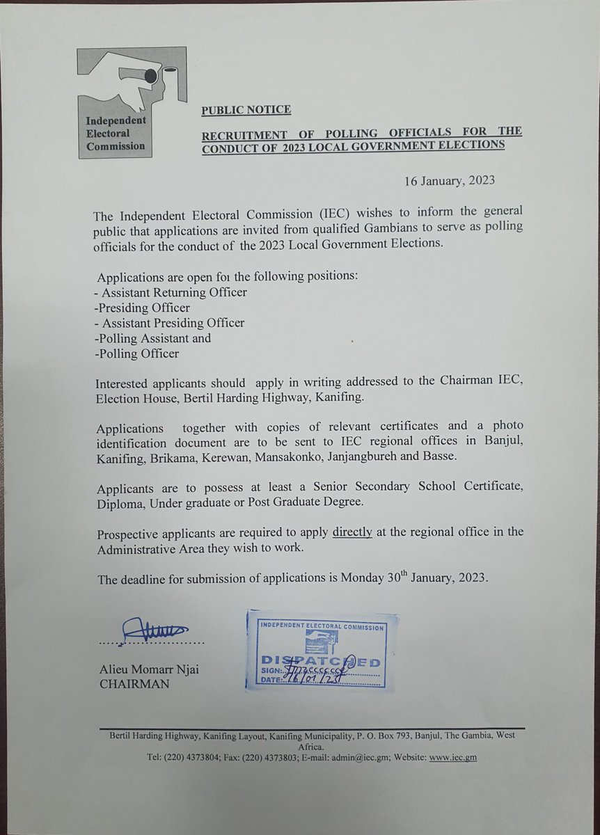 GambiaIec's tweet photo. Recruitment Of Polling Officials For The Conduct of 2023 Local Government Elections https://t.co/XOjVxyBrBc