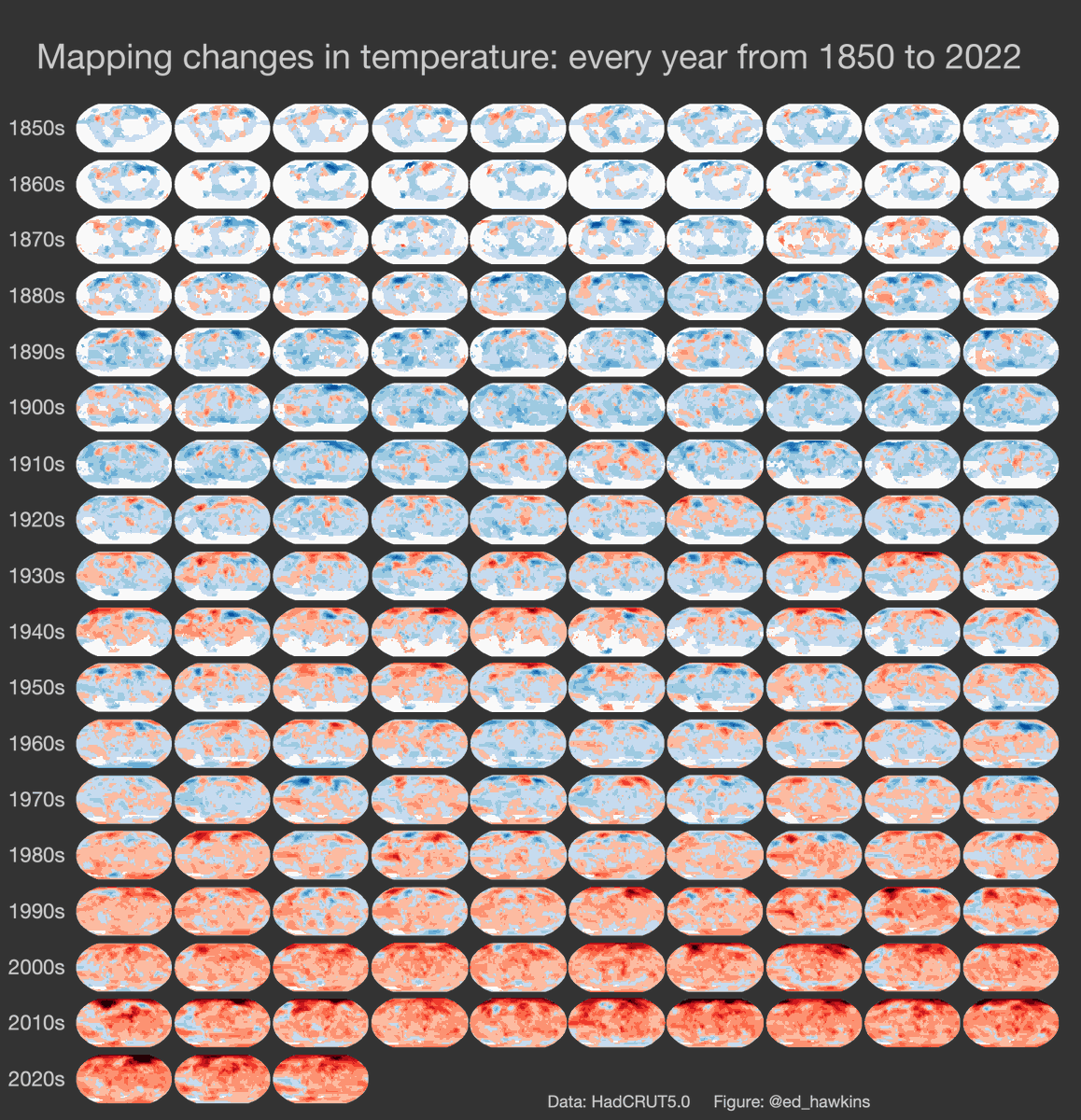 Mapping changes in temperature: every year from 1850 to 2022