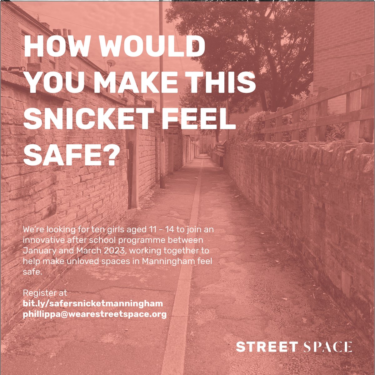 New Project 🚀 We're 👀for 10 girls aged 11 - 14 to take part in SAFER SNICKETS - an innovative after school programme to help make unloved spaces in Manningham 📍feel safe Register➡️bit.ly/safersnicketma… Big thanks to funders @JoinUsMovePlay Pls spread the word x 💡🌱▶️