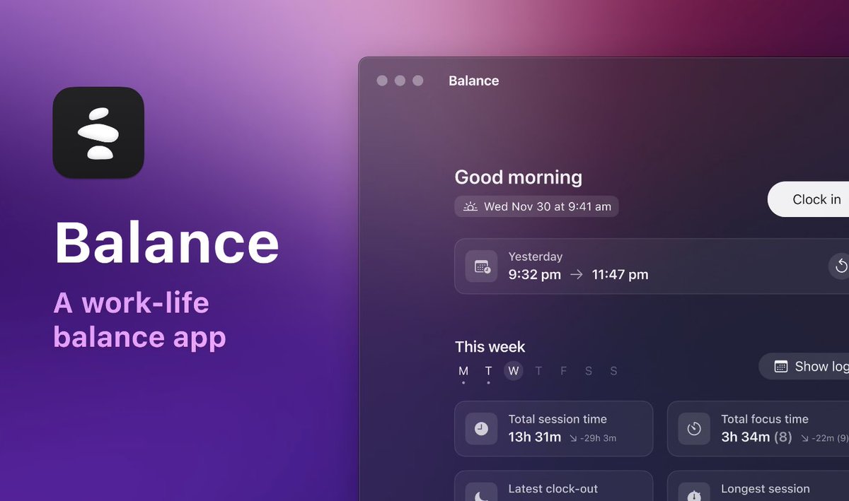 apps.apple.com/app/id16373117…
Balance: Mindful time tracking
这是一个 Mac 管理工作与生活平衡的时间跟踪应用程序。也可以拿来当番茄钟使用，制作非常精美，订阅付费的形式，很适合独立开发者做的工具类产品