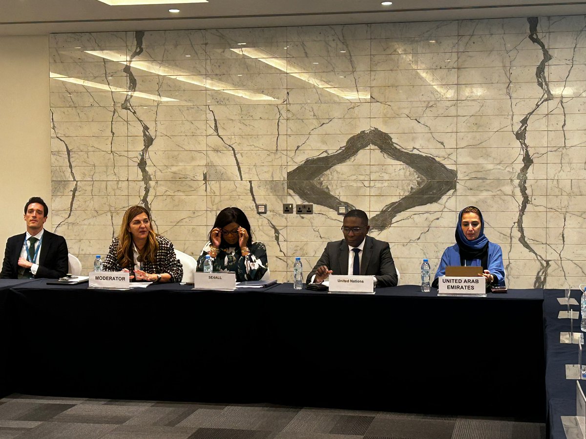 ActOnCooling's tweet photo. We brought stakeholders in the cooling sector together for a discussion that sets the start of a pathway towards a #CoolCOP!
Dane McQueen, @ElizabethSPress, @DamilolaSDG7, @SelwinHart and @NAH_208 speak during the launch of #cooling as a #COP28 presidency priority at the #ADSW. https://t.co/RRy2AOHXFI