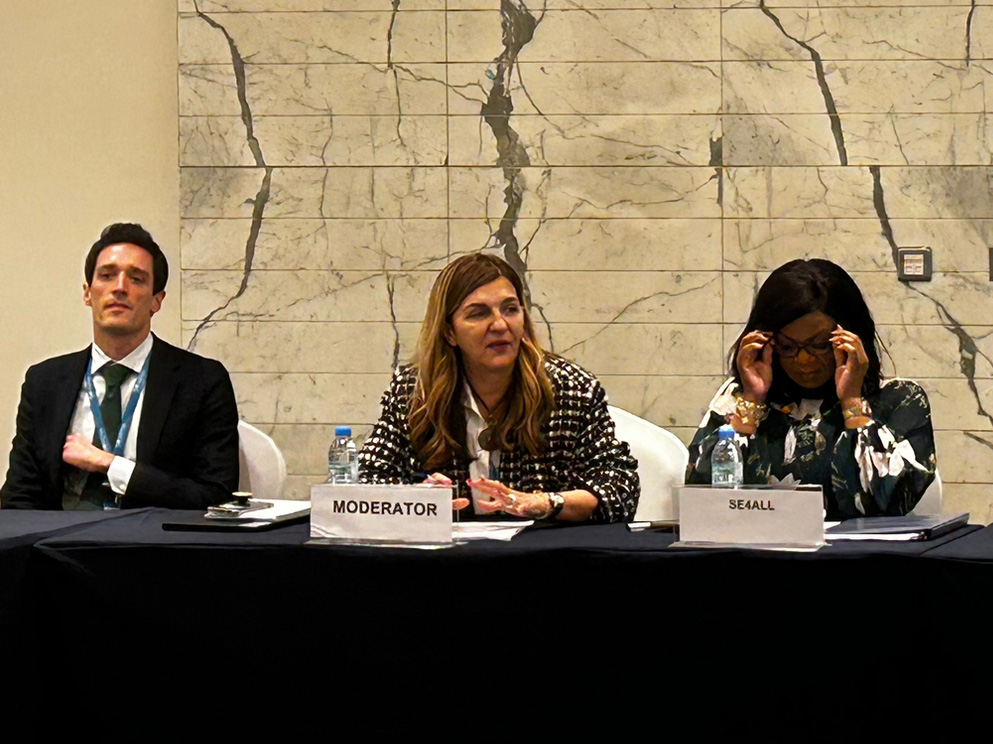 ActOnCooling's tweet photo. We brought stakeholders in the cooling sector together for a discussion that sets the start of a pathway towards a #CoolCOP!
Dane McQueen, @ElizabethSPress, @DamilolaSDG7, @SelwinHart and @NAH_208 speak during the launch of #cooling as a #COP28 presidency priority at the #ADSW. https://t.co/RRy2AOHXFI