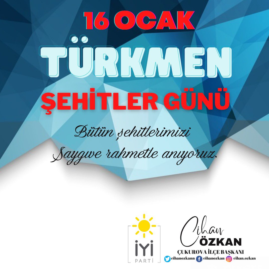 16 Ocak Türkmen Şehitleri Anma Günü’nde vatanı, milleti ve bayrağı için hayatını feda eden Türkmeneli’nin tüm şehitlerini saygı ve rahmetle yâd ediyoruz

#TürkmenŞehitlerGünü