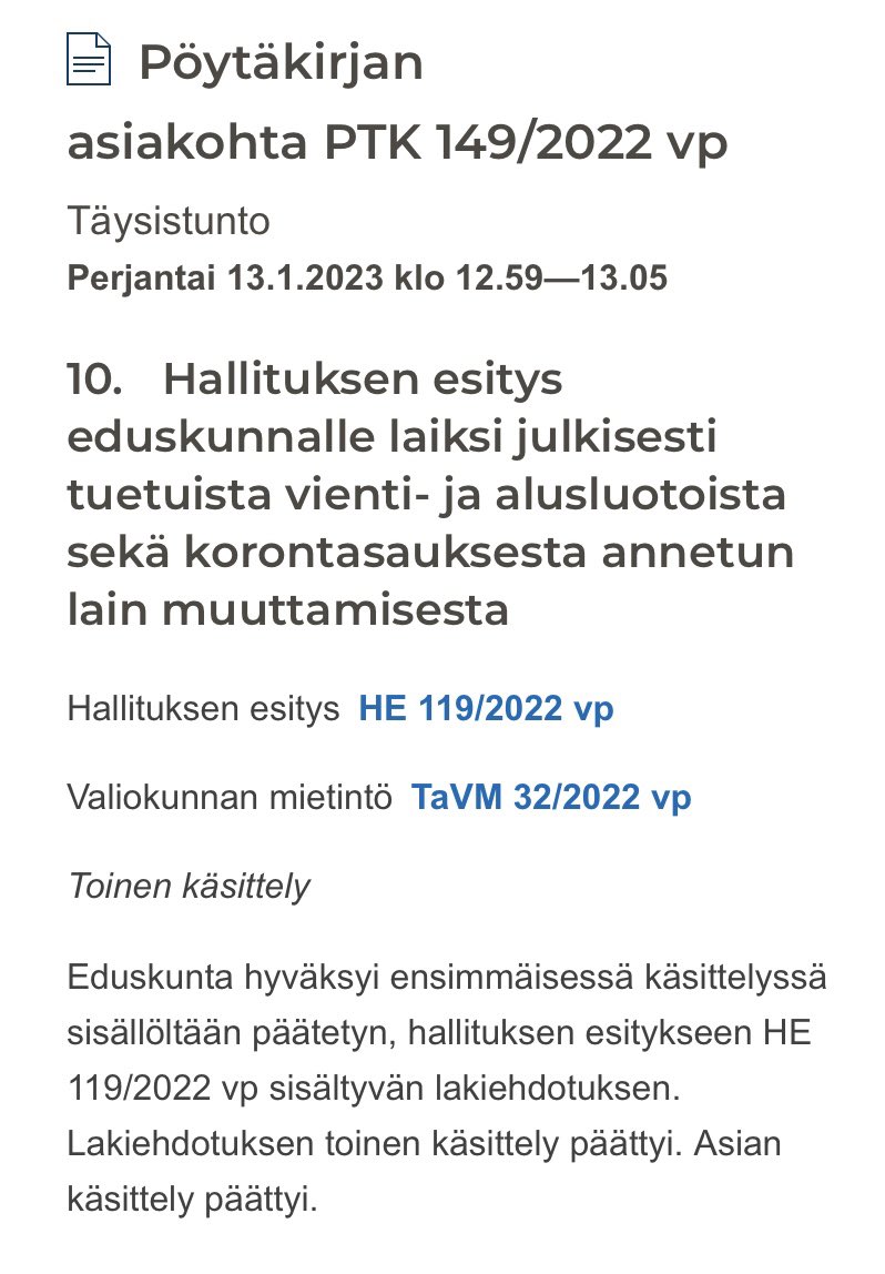 Eduskunta hyväksyi lakimuutoksen mahdollistaen <a href="/FinnveraFi/">Finnvera</a> vientiluotot vientikauppojen ostajille. Muutos vahvistaa pk- ja midcap yritysten kilpailukykyä. Laki voimaan presidentin vahvistuksesta. Kiitos yhteistyöstä mm. <a href="/Elinkeinoelama/">EK</a>, <a href="/TechFinland/">Teknologiateollisuus</a> <a href="/suomenyrittajat/">Suomen Yrittäjät</a> <a href="/Kauppakamari/">Kauppakamari</a>