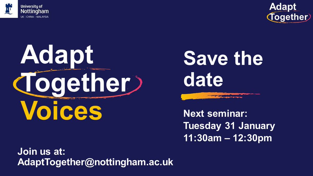 AdaptUoN's tweet photo. It's a new year, a new term & a whole load of new #AdaptTogether content just for you!
Our first #AdaptTogetherVoices seminar is at the end of the month and will focus on the topic of wellbeing.
Find out how to get involved by registering now: https://t.co/IEkpzmIPy4 https://t.co/8zPZL3T6bM