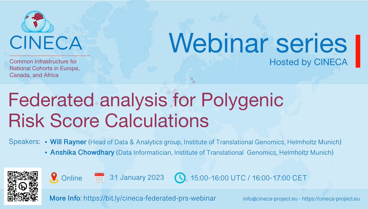 CinecaProject's tweet image. [#WEBINAR] Join us for another webinar by Will Rayner and Anshika Chowdhary from @HelmholtzMunich on &quot;Federated analysis for Polygenic Risk Score Calculations&quot;.

📅 31 Jan 2023 ⏰ 4PM CET
🚩Register here bit.ly/cineca-federat…
📢 bit.ly/cineca-federat…