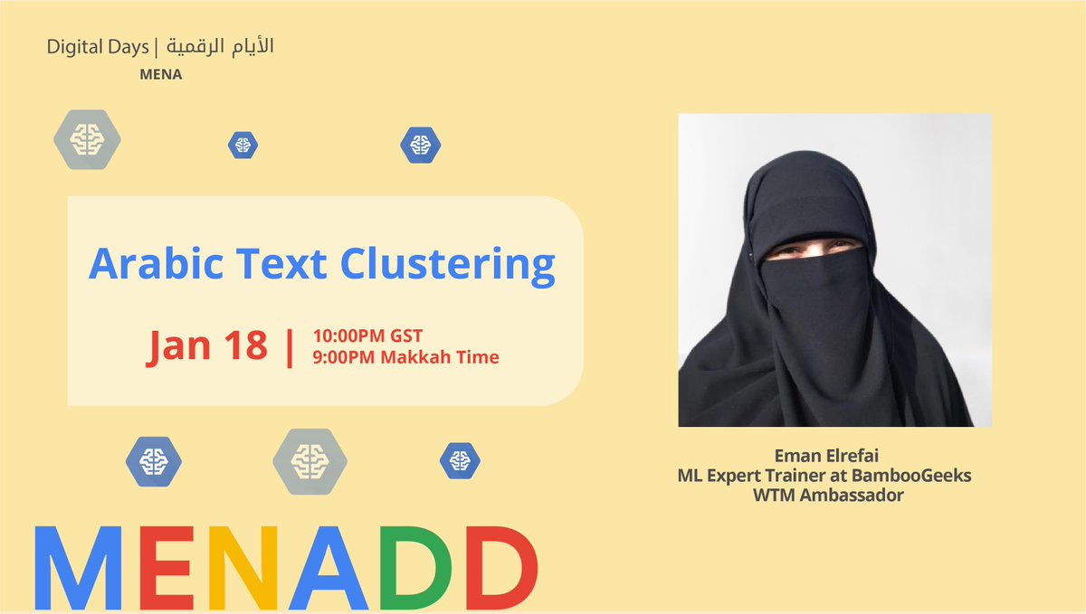 DevMENA1's tweet image. يعد تجميع النص أحد الأساليب الأكثر استخدامًا للكشف عن سمات أو أنواع المستندات.

شاهدوا محاضرة &quot;Arabic Text Clustering&quot; مع الأستاذة @Eman_Elrefai الليلة ابتداء من الساعة 10م بتوقيت دبي مباشرة على اليوتيوب: youtu.be/lM8Vyz2BYO8

#MENADD #ML #textclustering