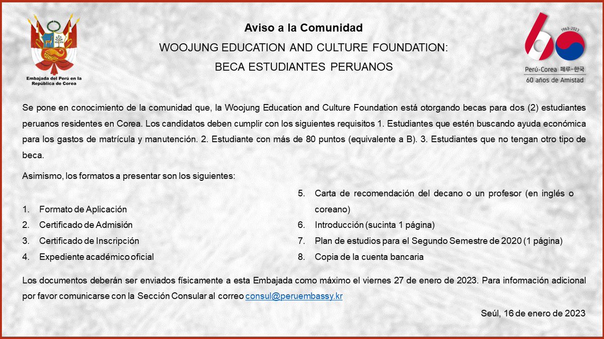 PeruEnCorea's tweet photo. La Woojung Education and Culture Foundation está otorgando becas para dos (2) estudiantes peruanos residentes en Corea. Los candidatos deben cumplir con diversos requisitos y presentar unos formatos, que pueden ser descargados en el siguiente enlace: https://t.co/wqt0eHlNZF. https://t.co/2XB9wgHR6K