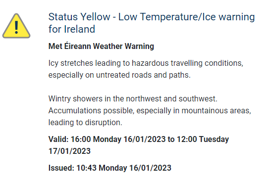 MetEireann's tweet photo. ⚠️Status Yellow⚠️ - Low Temperature/Ice warning for Ireland🥶🥶

For all active warnings see ➡️https://t.co/Xg3aMJlyuS https://t.co/yxjd1Jv2sI
