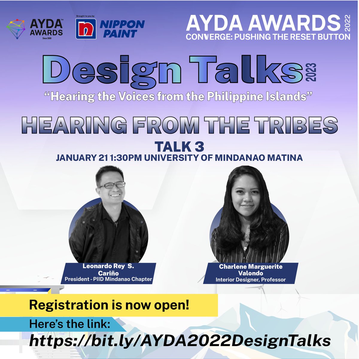 aydaph's tweet photo. DesignTalks 02 - Hearing the Voices from the Philippine Islands. Talk 3 - “Hearing from the Tribes” on Jan. 21, 2023.
Here's the link: https://t.co/Gf9aUqS888. 
Via Zoom through this link: https://t.co/Vxhva2gkr0 
FB: https://t.co/PmBJceqTkn 
See you there!
#AYDAAwardsPH2022 https://t.co/GtysHYhWHN