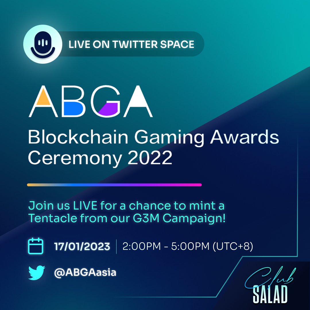 We did it #SaladFam!

Club Salad is the 🏆"Most Popular Web3 Community" &amp; we couldn't have done it without you! 💙

Join us for the Twitter space by <a href="/ABGAasia/">ABGA</a> &amp; stand a chance to mint an Amethyst Tentacle 🐙 from our G3M campaign! 

📅 17 January, 2pm
🐦 x.com/i/spaces/1ynKO…