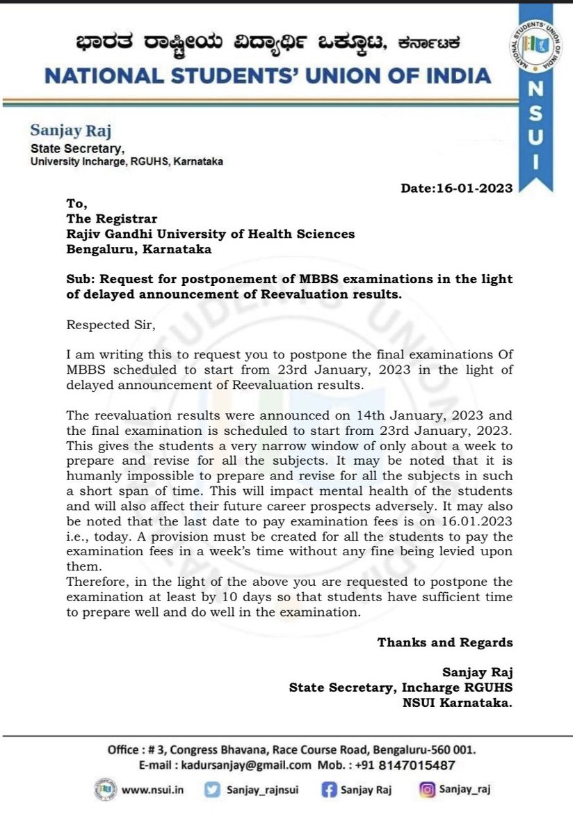 sanjay_raj2's tweet photo. Requested the Registrar of RGUHS for the extension of fee date and postponement of MBBS examinations
@VCRguhs
#StudentsofRGUHS https://t.co/mSD2qepU9z