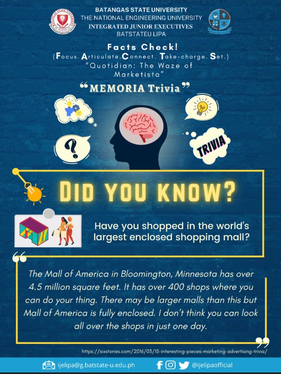 jmelipaofficial's tweet photo. ๐๐๐๐๐๐๐ ๐๐ซ๐ข๐ฏ๐ข๐
Happy Monday, Everyone!
Here's some business trivia about the largest enclosed shopping mall.
Be SMART. Be CREATIVE. OUTWIT the challenges.
#FireUpMarketistas
#SmartCreativeOutwit
#FactsCheckโ๏ธ
#iJEMS๐ https://t.co/9dyU8Lt2l9