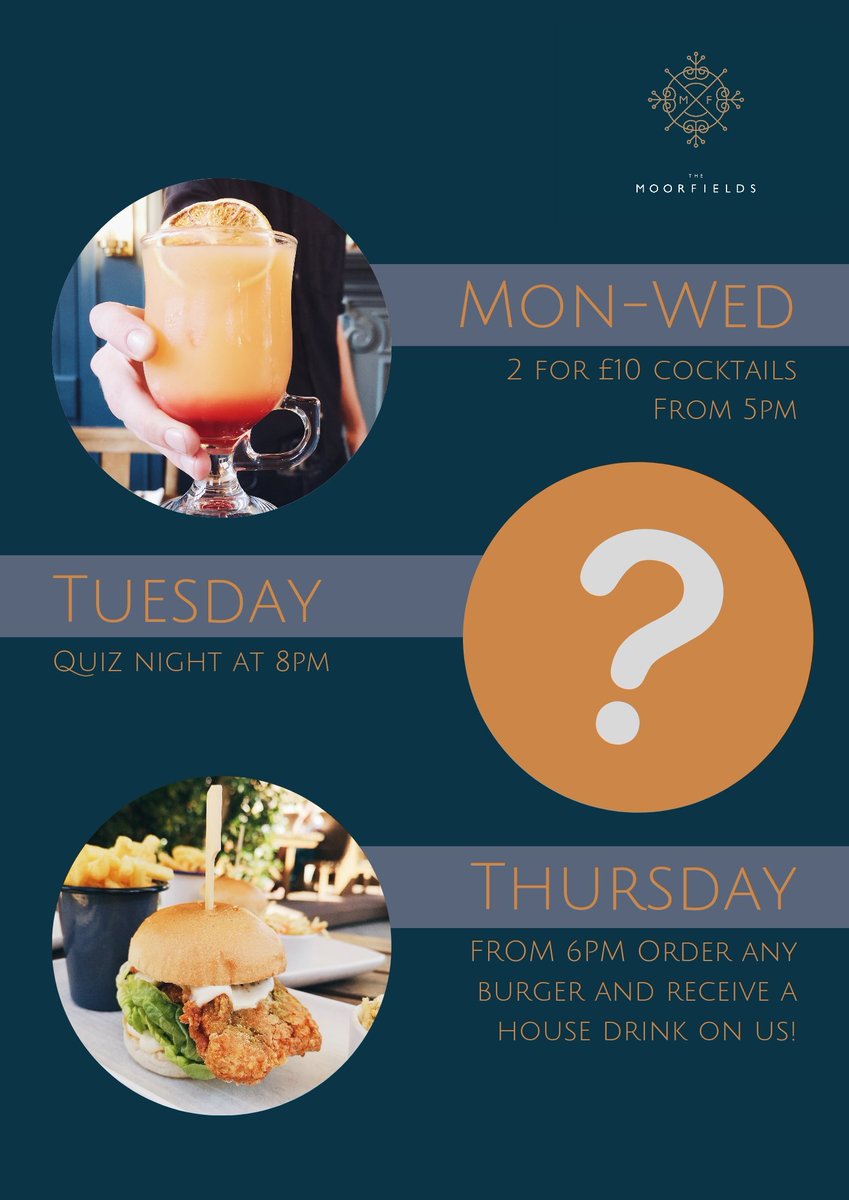 TheMoorfields's tweet image. Our mid week deals have returned!

See you tonight for 2-4-£10 cocktails 🍸