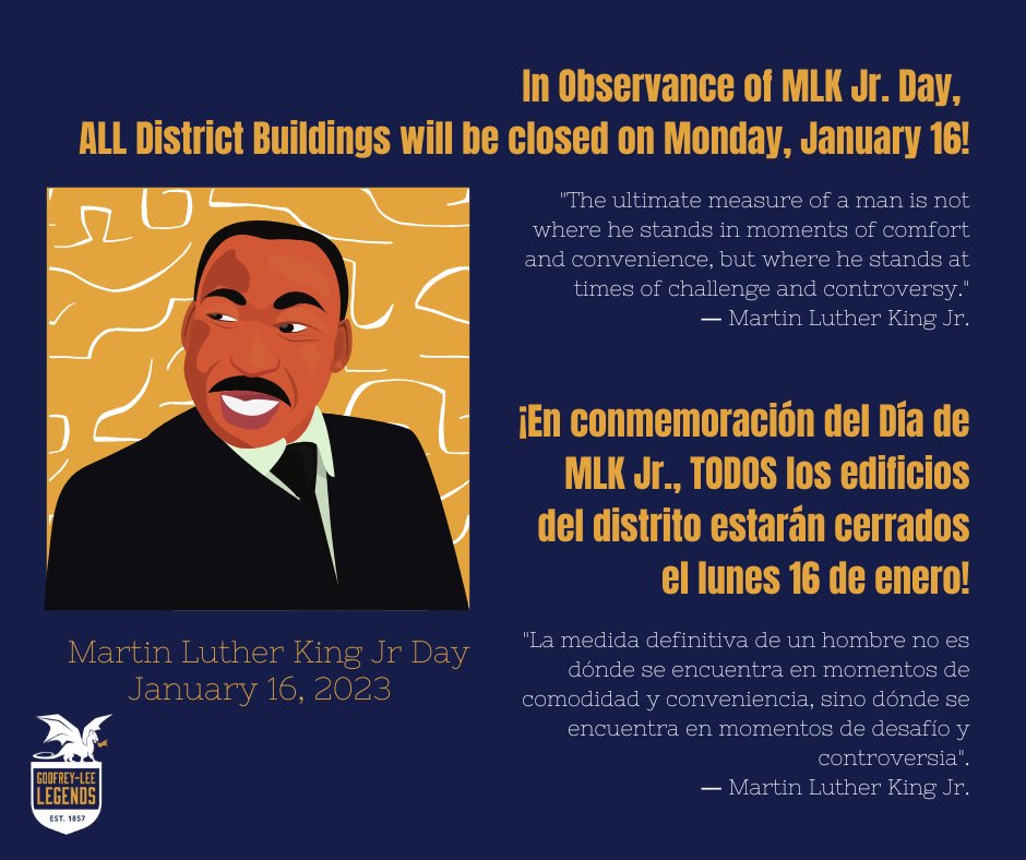 No School Today! 

All of our district buildings are closed in observance of MLK Jr. Day!