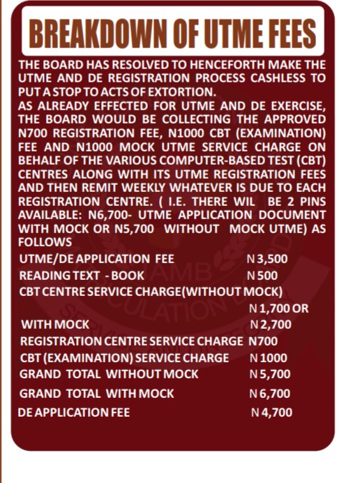 UNILORIN893FM's tweet photo. BREAKDOWN OF 2023 UTME FEES

Grand Total: ₦5,700

Grand Total (With Mock): ₦6,700

Direct Entry (DE) Application Fee: ₦4,700

Credit: JAMBulletin

#JAMB
#EnhancingAcademicExcellence https://t.co/nJsSHmoBjr