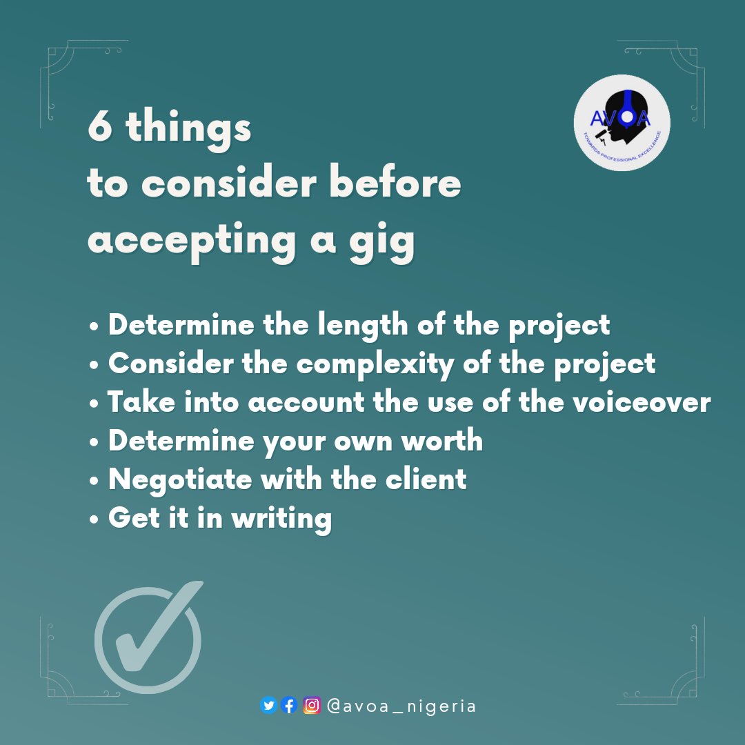 avoa_nigeria's tweet photo. 6 things to keep in mind before accepting a #voiceover gig: Length, complexity, use, worth, negotiation & documentation. Make sure you're making informed decisions! #voiceoverartist #voiceoverindustry #AVOA https://t.co/02h5LeLRqQ