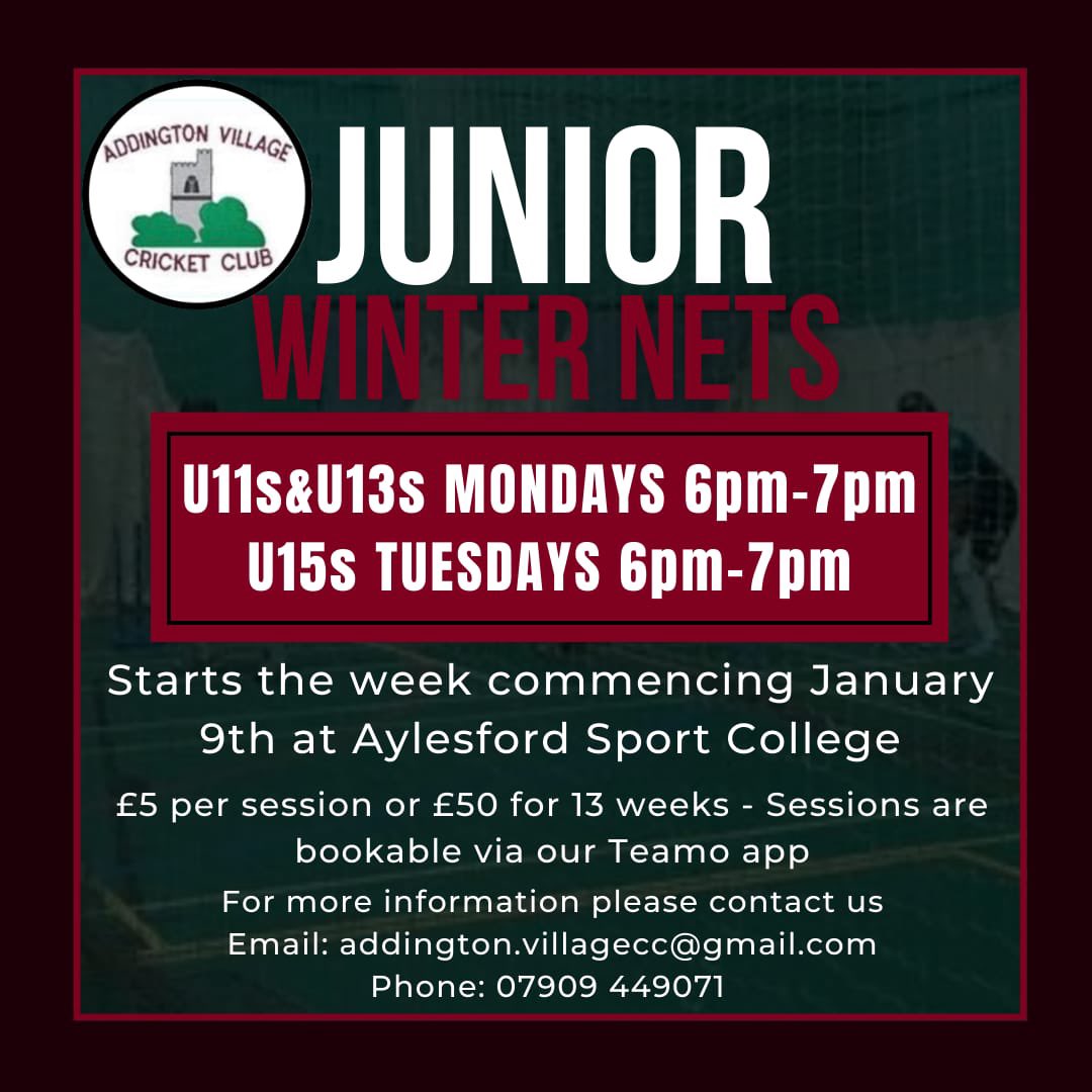 **Reminder**

We go again this week with our Junior winter nets at Aylesford Sports College!

So do come along and see our fantastic coaches and have some fun! Any new players of all abilities are very much welcome! 

#Cricket #WinterNets #Juniors #KentCricket #AVCC