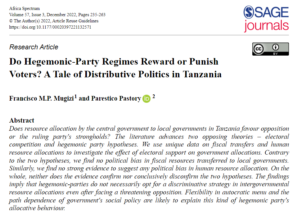 1⃣Francisco M.P. Mugizi &amp; <a href="/Parestico/">Parestico Pastory (PhD.)</a> examine whether allocations of financial and human resources favour local governments that support #Tanzania's ruling party <a href="/ccm_tanzania/">Chama Cha Mapinduzi</a> or those that support the opposition.  

➡️Link:bit.ly/3GAswTp