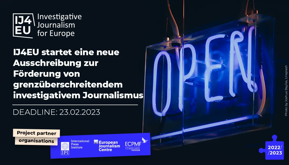 📢 Die zweite Bewerbungsrunde von #IJ4EU 2022/23 für grenzüberschreitende Recherchen IST ERÖFFNET!
💶 Unterstützung von bis zu €50.000 für Rechercheprojekte in der EU + den Kandidatenländern.
🗓️ Einsendeschluss für Anträge: 23. 02.
<a href="/ejcnet/">European Journalism Centre</a> <a href="/ECPMF/">European Centre for Press and Media Freedom</a> #MediaEU
buff.ly/3H0kOTS