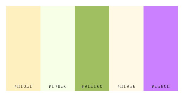 ColPaletteBot's tweet photo. Beep beep, here's a pretty color palette for you!
color-scheme.js parameters used:
- hue: 295
- variation: light
- colors: #fff0bf, #f7ffe6, #9fbf60, #fff9e6, #ca80ff
Have a lovely day!
#twitterbot #colorpalette #colors #palette #prettycolors https://t.co/7cA3nCJJer