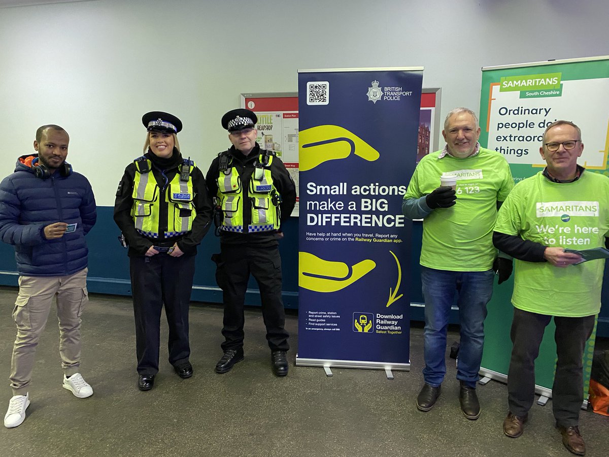 Come and stop by for a chat with BTP Crewe officers at Crewe train station Partnership working at its best with the #Samaritans #neighbourhoodweekofaction #BrewMonday
