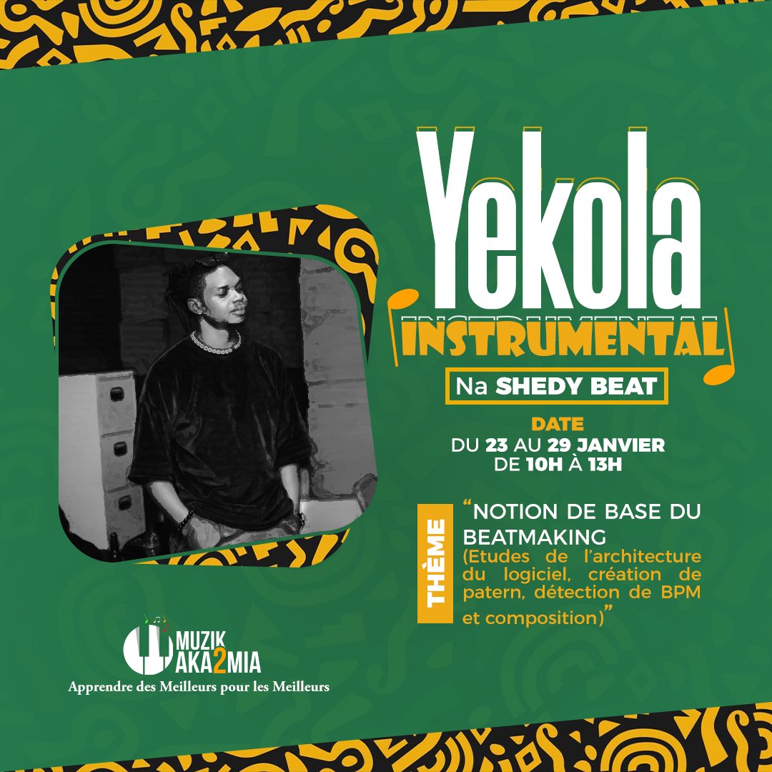 mr_monyanyo's tweet photo. Jour J-7
Il y a encore de la place pour toi
Inscrit toi à 5$ au +243 858 289 150
Les notions de bases du beatmaking avec #Shedy #Beat (Études de l'architecture du logiciel, la création de patern, la détection de BPM et la composition)
#muzikaka2mia #moninc #beatmaker #monyanyo https://t.co/4p6jTdYtrZ