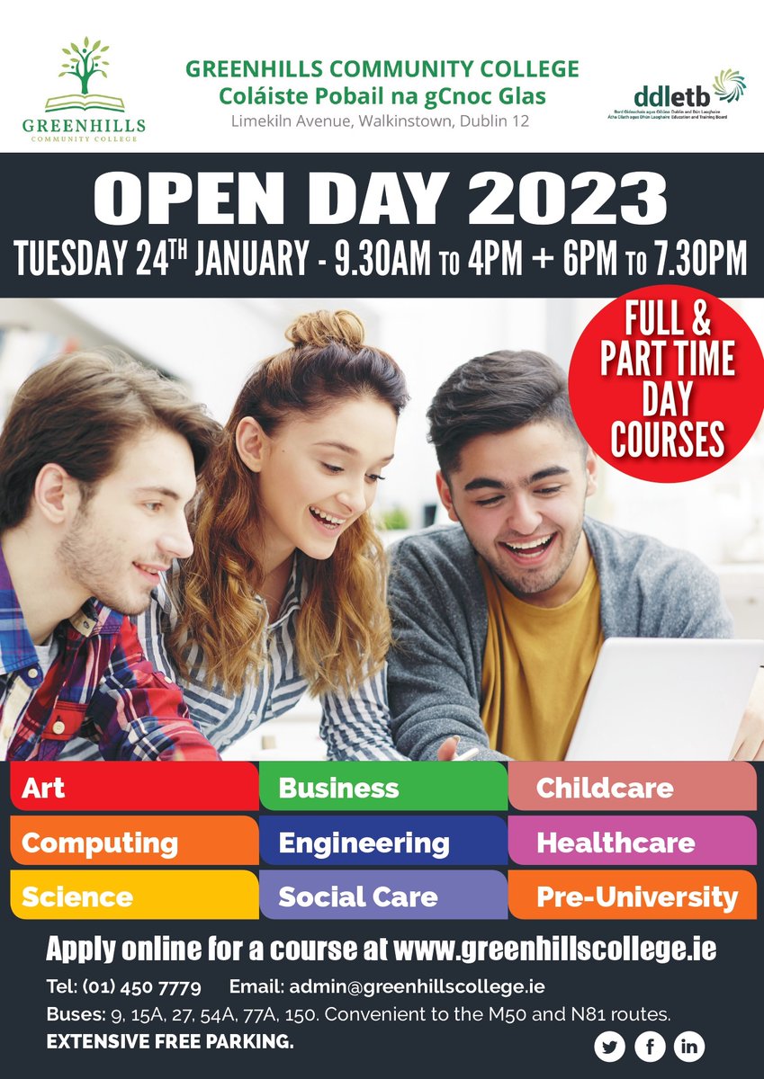 Greenhills_Cfe's tweet photo. Thinking about a Further Education course in 2023? Come along to our Open Day on Tuesday 24th January. The Open Day will run from 9.30-4pm &amp; 6pm-7.30pm. We offer 20+ QQI courses, all leading to excellent Higher Education and employment opportunities. 

#ddletb  #teamddletb https://t.co/vLtkPFkeu6