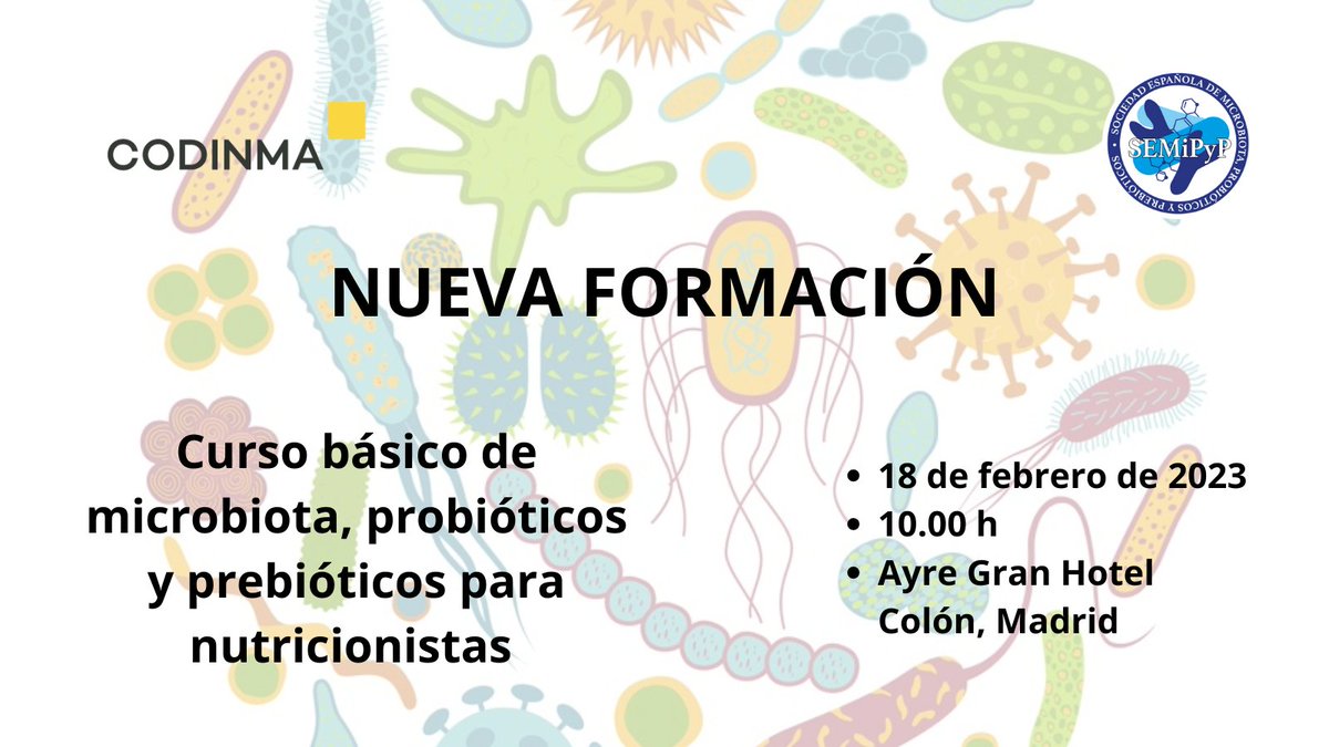 El próximo🗓️18 de febrero tendrá lugar el ‘Curso básico de microbiota, probióticos y prebióticos para nutricionistas’ que hemos organizado desde #CODINMA junto a <a href="/SEMiPYP/">SEMiPYP</a>.
Para inscripciones y más información 👉
codinma.es/formacion-codi…