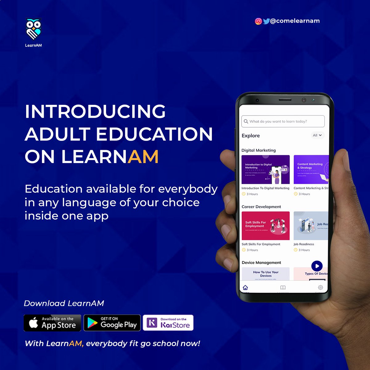 Introducing #AdultEducation on LearnAM. 🥳🥳🥳🥳 With LearnAM, everybody fit go school now! Oya! Download the LearnAM App to start today!