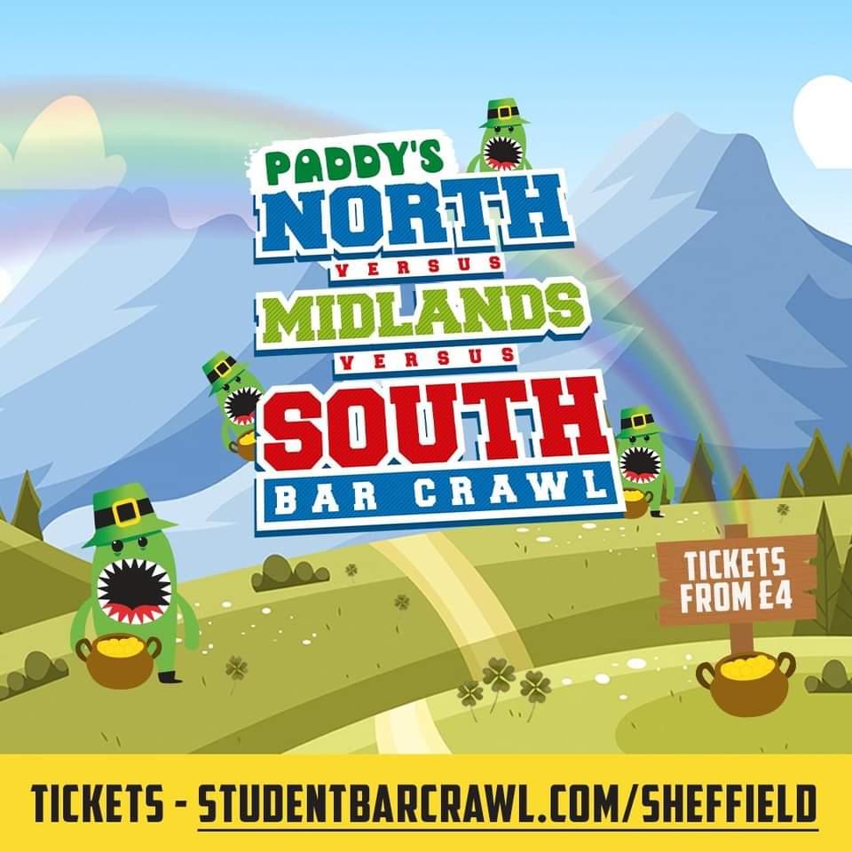 The North vs. Midlands vs. South Bar Crawl is coming back to Sheffield on Thursday 16th March for the St. Patrick's Day Special! 🍀 

Tickets are on sale now at studentbarcrawl.com/tickets and there are just a handful of £4 tickets left... once they're gone, they're gone!