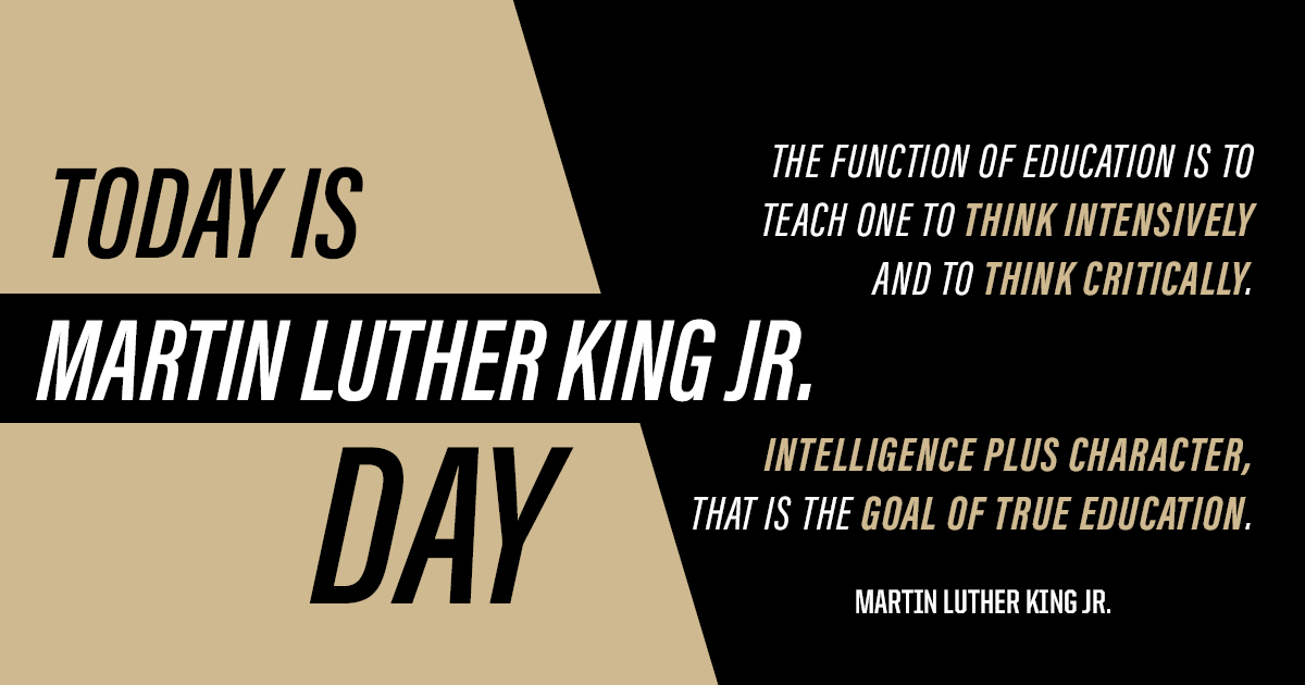 Purdue University Online (@purdue_online) on Twitter photo Purdue University is closed today to honor the legacy of Dr. Martin Luther King, Jr. 
Students close to campus are invited to join in this week's events: lifeat.purdue.edu/mlk2023/. Purdue University is closed today to honor the legacy of Dr. Martin Luther King, Jr. 
Students close to campus are invited to join in this week's events: lifeat.purdue.edu/mlk2023/.
