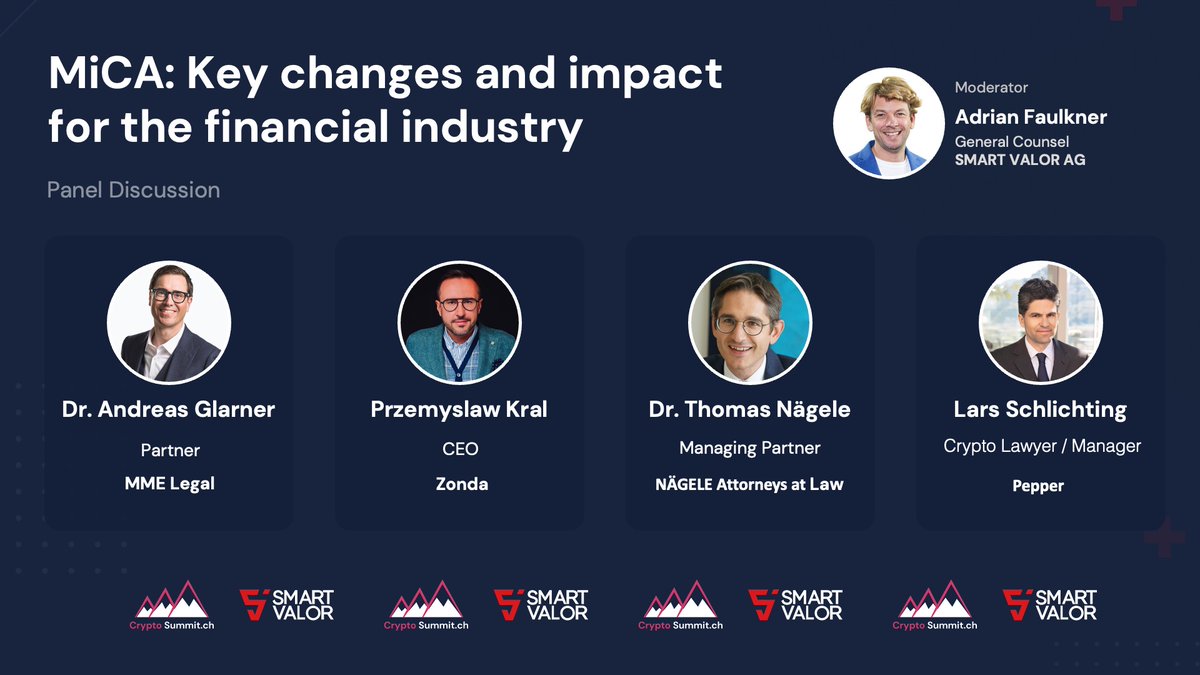 smartvalorinc's tweet photo. Regulation in 2023, what's next for MiCA: Key changes and impact for the financial industry: on now on central stage with Adrian Faulker, Dr Andreas Glarner, Przemyslaw Kral, Thomas Nagele &amp; Lars Schlichting! 

#CryptoSummit2023 https://t.co/aZ6ZyaWwZN
