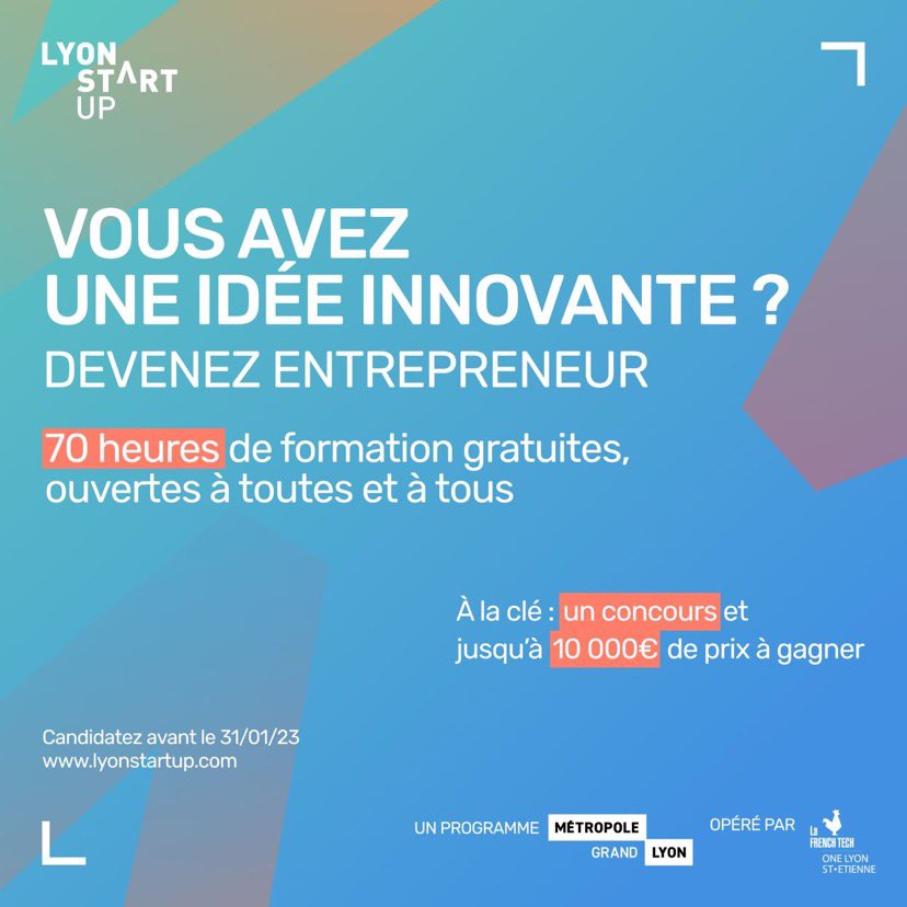 🔔Candidatures <a href="/lyon_startup/">Lyon Start Up</a> 

Rejoins LE programme de formation gratuit et ouvert à toutes et tous dès le stade de l’idée. 4 mois pour se former et se challenger avec un concours permettant de gagner jusqu’à 10 000 €

⚠️ Candidatures avant le 31/01/23 
lyonstartup.com