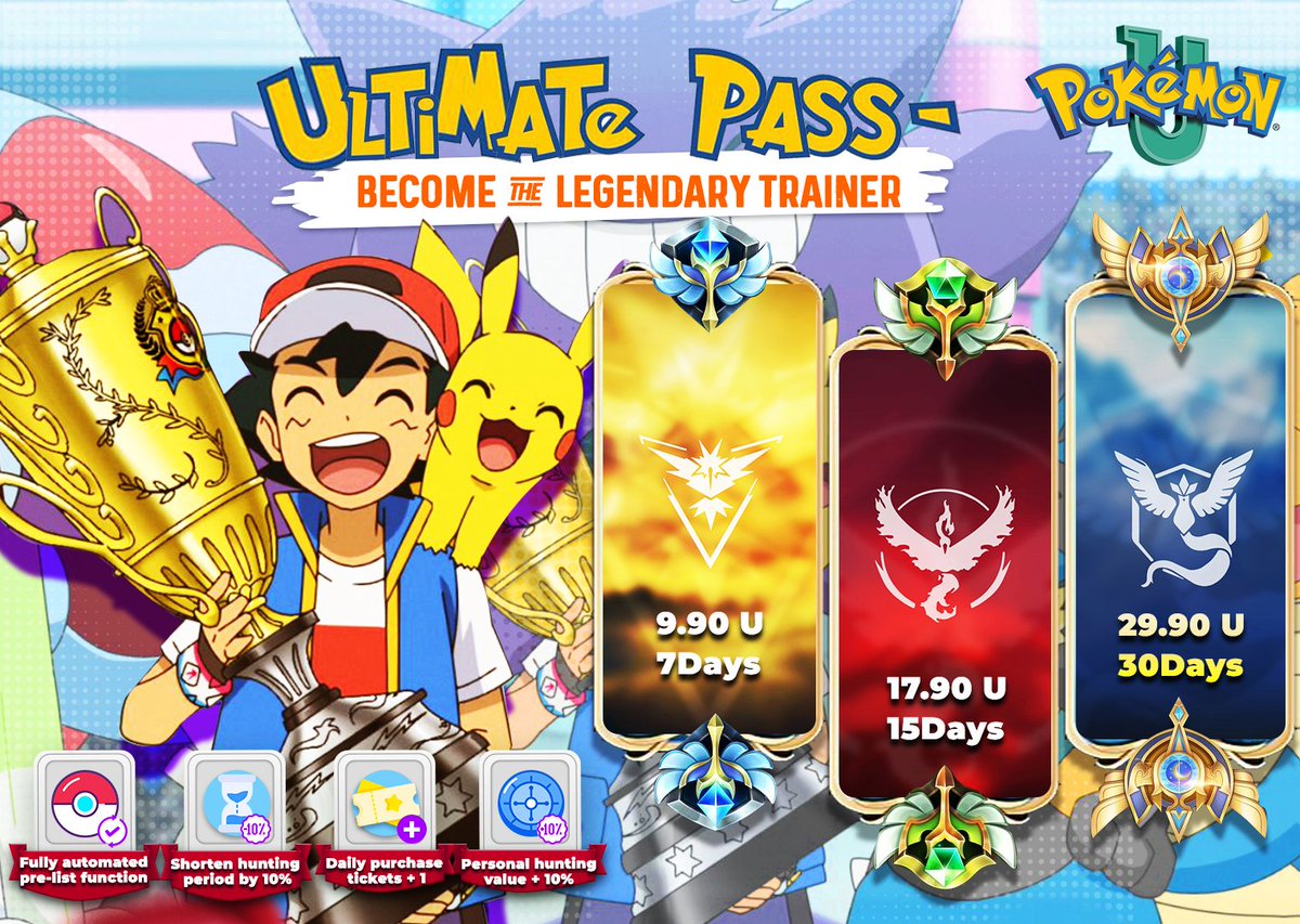 PokemonUGame's tweet photo. Ultimate Pass is here! Earning U, has now become
FASTER, EASIER, and MORE INCOME with the ultimate pass.
Follow us, Like and Retweet to receive a 3-DAY ULTIMATE PASS trial! Remember to # your USERID.
5 lucky winners in 24hrs! #p2e #pokemonu #p2egames #JoinPokemonUNow ! https://t.co/k6tkZfNdbD