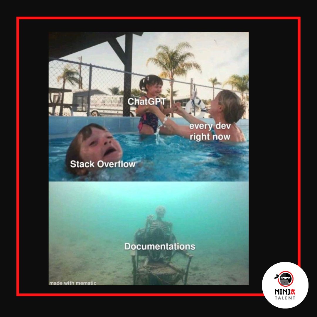 NinjaTalent_'s tweet image. ¿Tu también has dejado a stack overflow abandonado? 💡🧠 ¿Qué opinas de #ChatGPT? ¡Te leemos, ninja!

#meme #dev #developer #developermemes #chatgptmemes #memesprogramación #humorprogramación