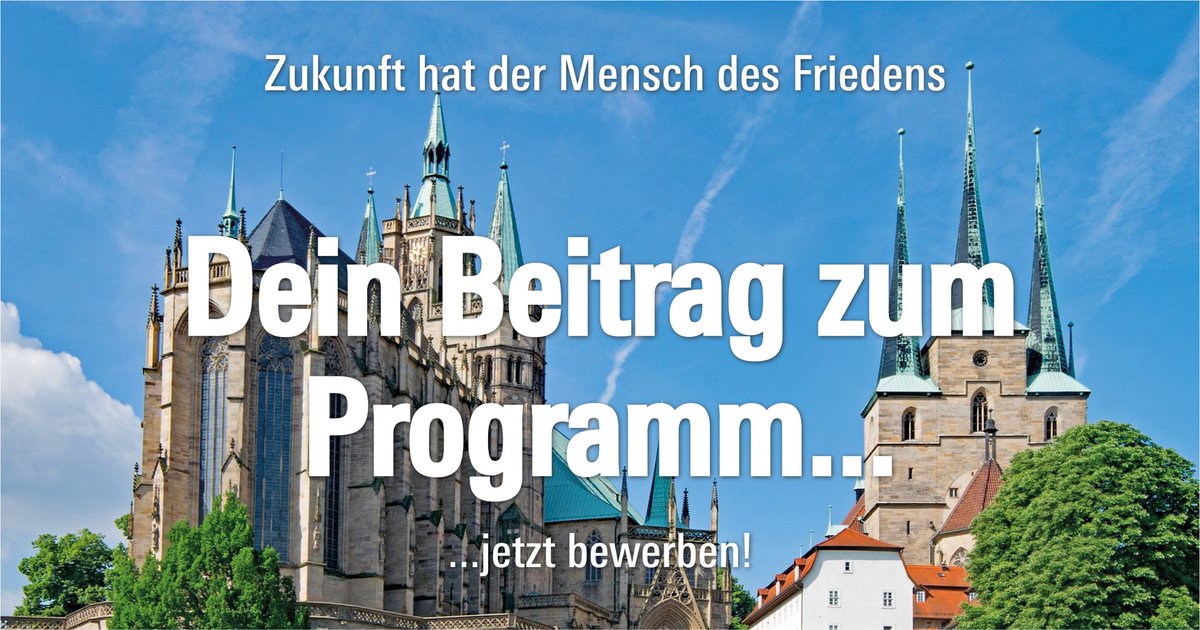 Macht mit! Ab sofort können Programmvorschläge für den 103. Deutschen #Katholikentag in #Erfurt eingereicht werden. Alle Informationen findet Ihr unter katholikentag.de/mitwirken Wir freuen uns über Eure Ideen zum Leitwort 'Zukunft hat der Mensch des Friedens'. #kt24 #programm