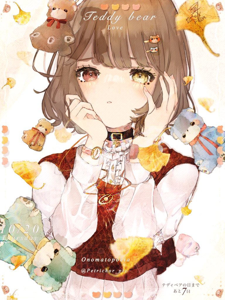 1girl heterochromia brown hair solo ginkgo leaf yellow eyes watch  illustration images