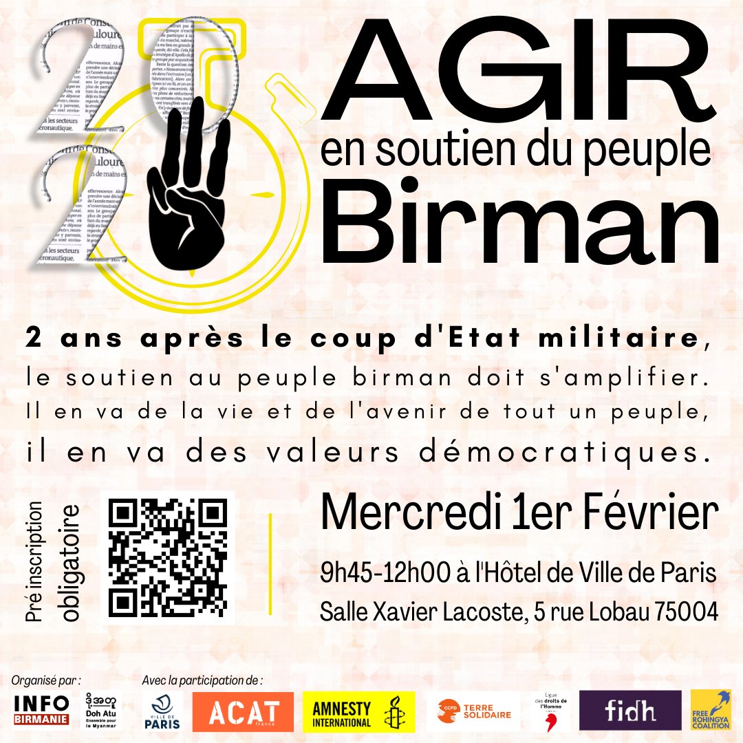 ACAT_France: #Myanmar 🇲🇲 | Deux ans après le coup d’État, comment agir en soutien du peuple birman ?

Pour tout savoir, nous vous donnons rendez-vous à une conférence inter-associative le 1er février à l'Hôtel de Ville de @Paris. 

#AvecToiMyanmar #Whats…