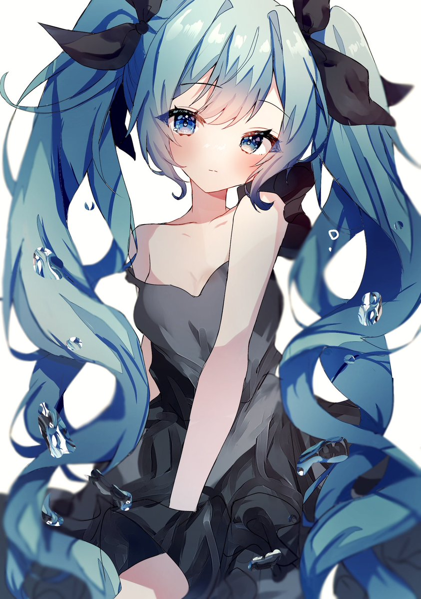 1girl bangs bare shoulders black bow black dress blue eyes blue hair  illustration images