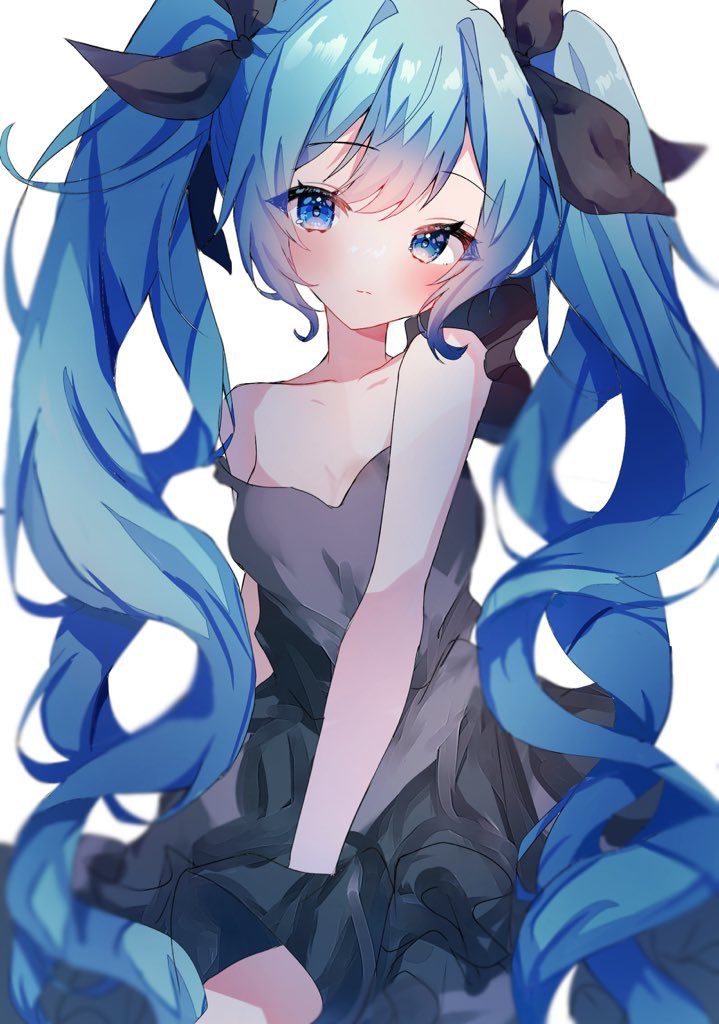 1girl bangs bare shoulders black bow black dress blue eyes blue hair  illustration images